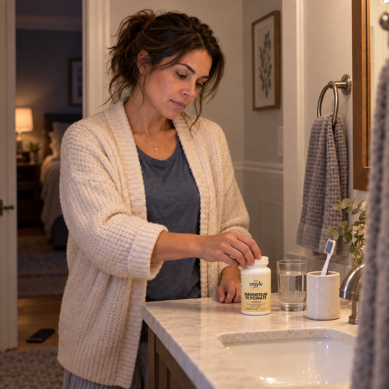 Amanda placing the current Smyle Magnesium Glycinate bottle beside her toothbrush and water