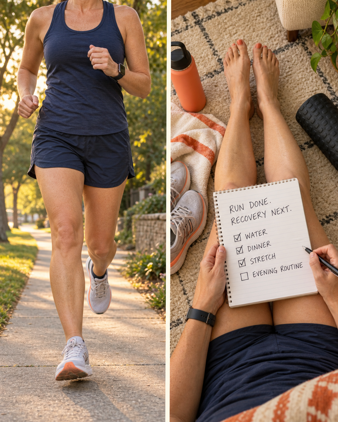 Two-panel story showing an active woman running and then reviewing her post-run recovery checklist at home
