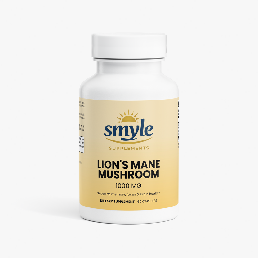 Smyle Lion's Mane Mushroom supplement bottle for cognitive wellness support