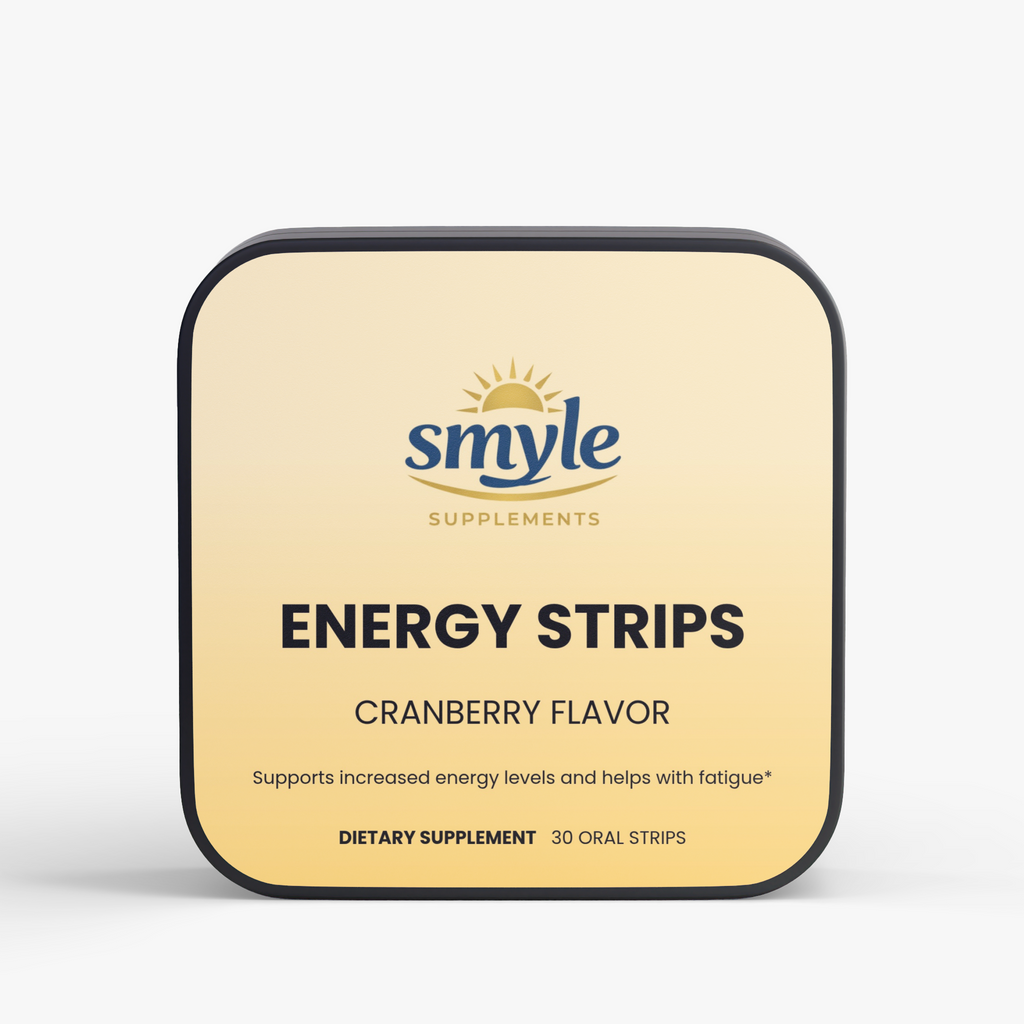 A square supplement package for Smyle Supplements Energy Strips in Cranberry Flavor, featuring a cream-colored label with a black border and a gold sun logo on a light gray background.