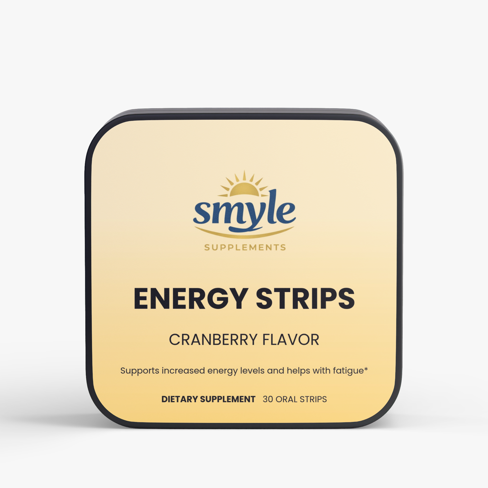 A square supplement package for Smyle Supplements Energy Strips in Cranberry Flavor, featuring a cream-colored label with a black border and a gold sun logo on a light gray background.