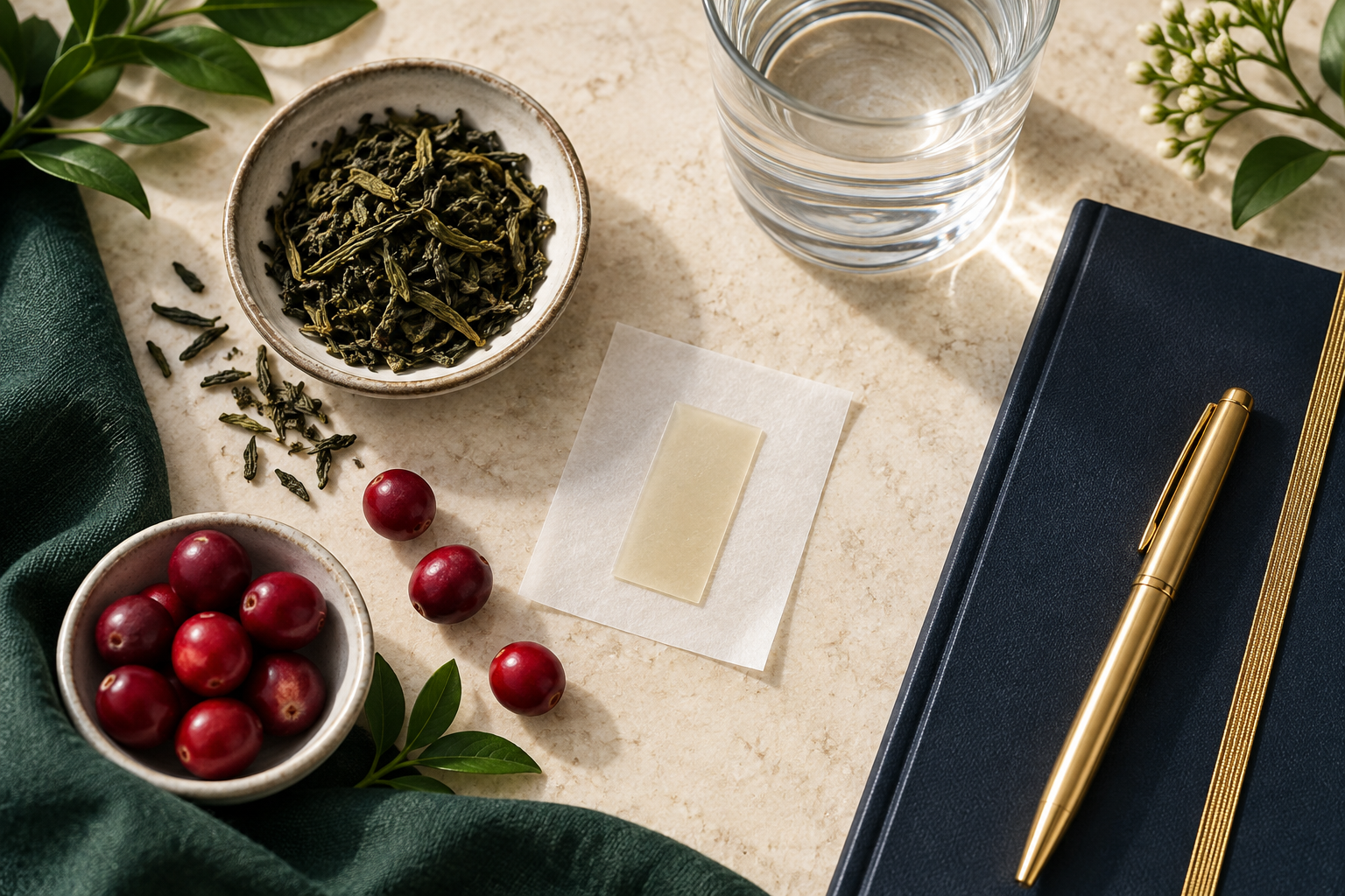 Green tea leaves, cranberries, water, a planner and one unbranded dissolvable oral strip arranged on a cream surface