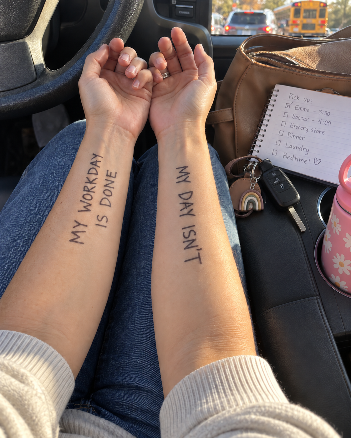 A working parent's handwritten reminders during the school pickup line