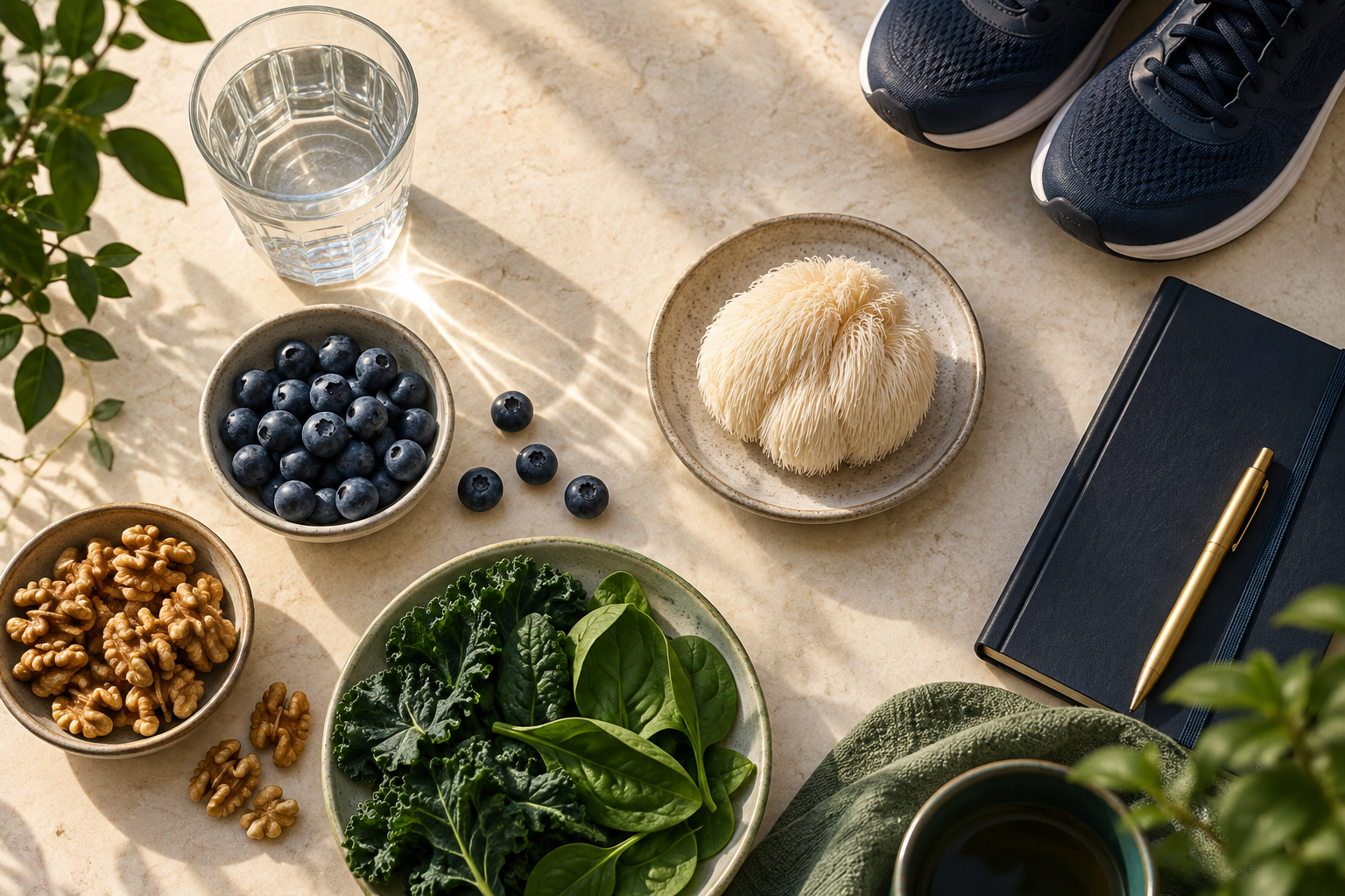 Water, blueberries, walnuts, leafy greens, lion's mane mushroom, walking shoes and a notebook arranged as healthy focus foundations