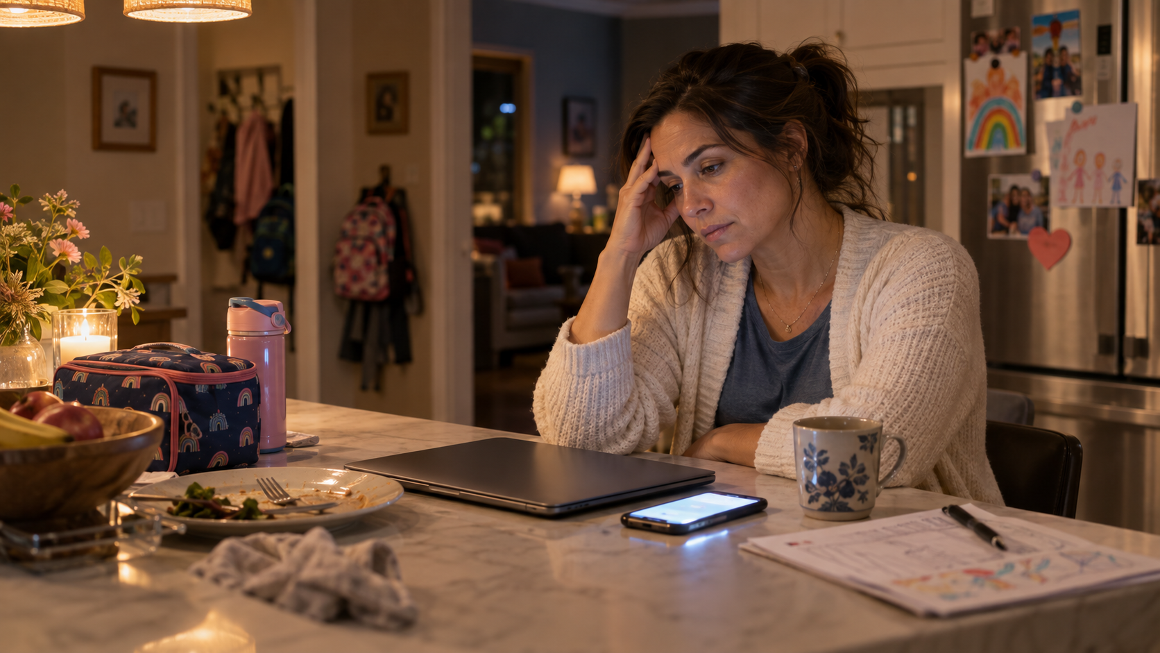 Amanda, a busy working mother over 40, sitting beside her closed laptop after bedtime