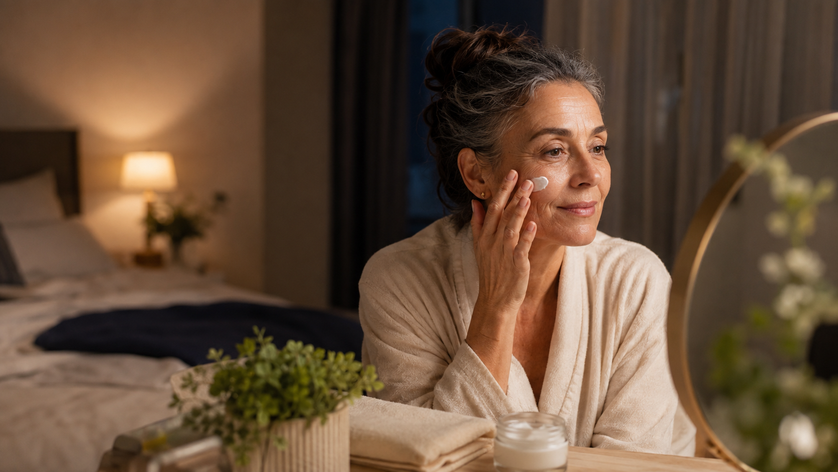 Woman over 40 applying cream during a peaceful evening skincare routine