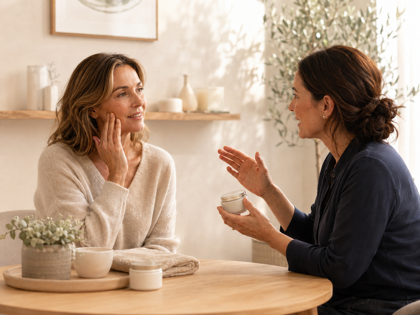 Woman discussing dry-feeling skin and a simple evening routine with a skincare professional