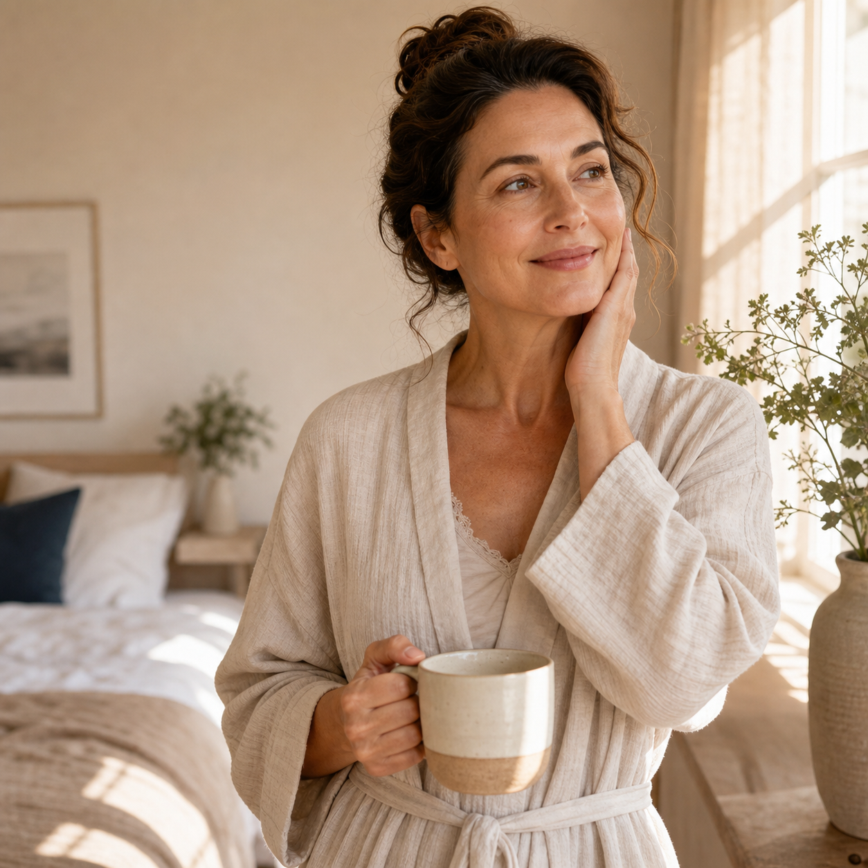 Woman over 40 enjoying a calm morning after her nighttime skincare ritual
