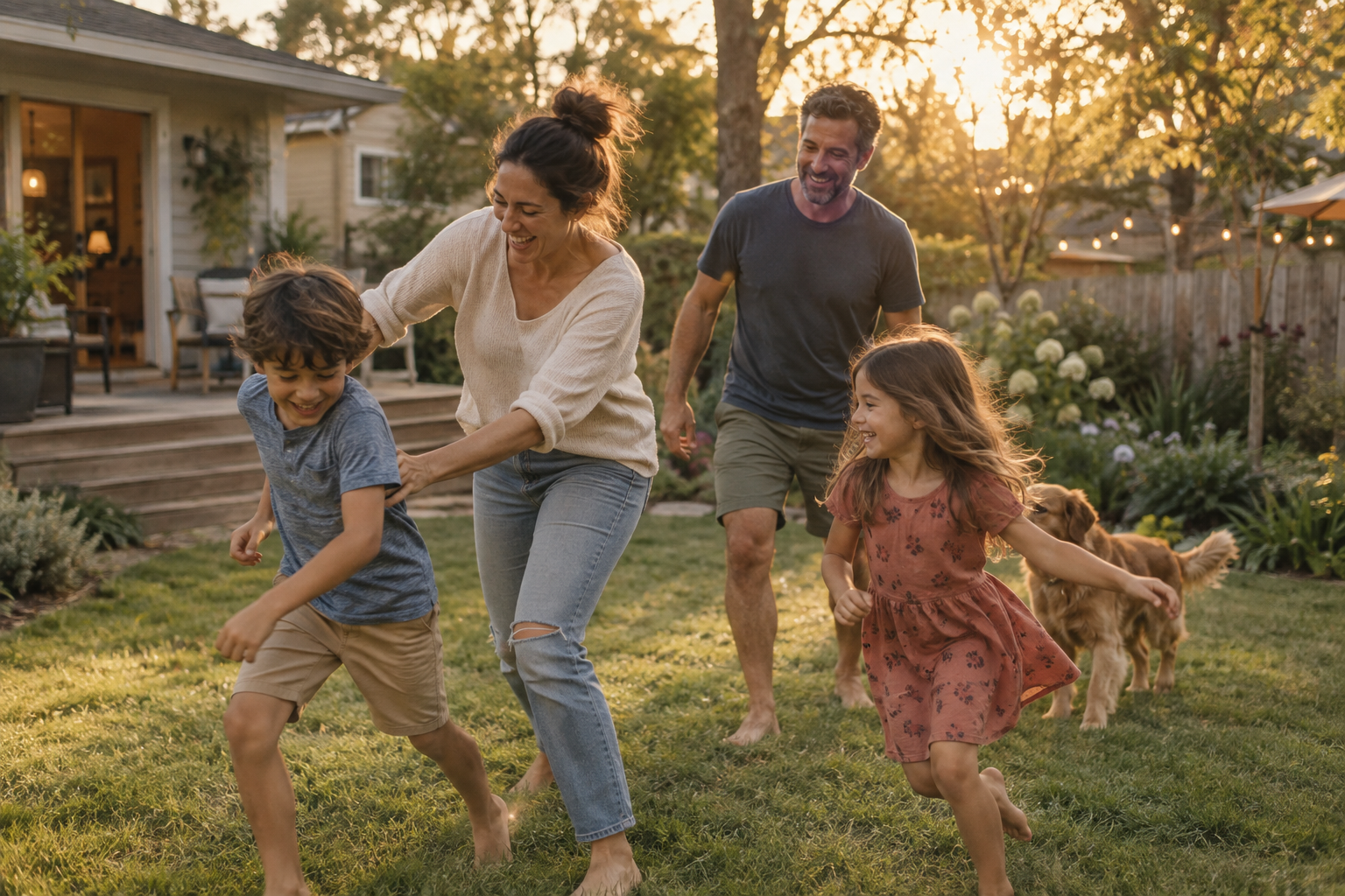 A family enjoying an active evening together in their backyard
