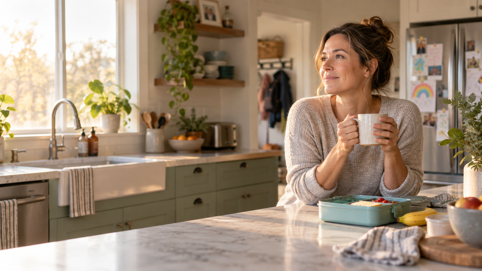 A woman taking a quiet morning pause in her family kitchen